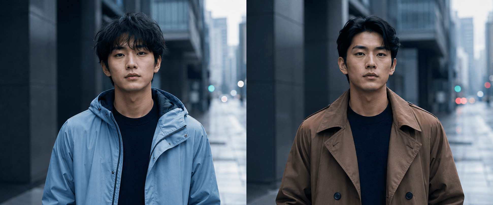 同一故事人物在两张图中脸、发型和服装发生变化的示意