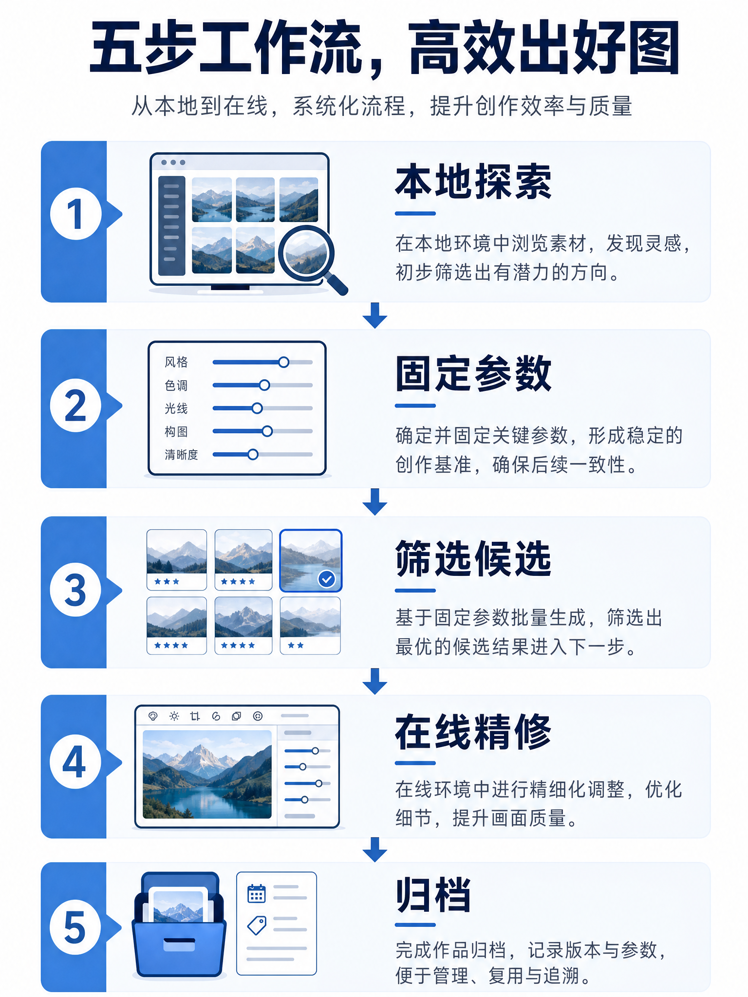 本地批量探索、固定参数、筛选候选、在线精修和归档的五步流程