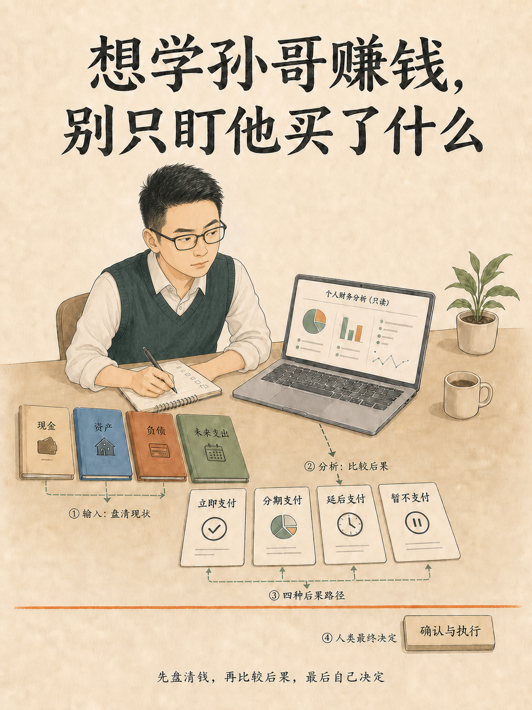 漫画人物站在 AI 资金决策系统前查看现金、资产、负债与停手线