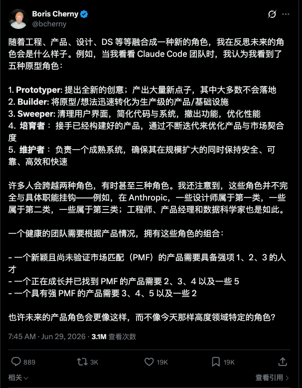 Boris Cherny 介绍 Claude Code 团队五种工作原型的原帖截图