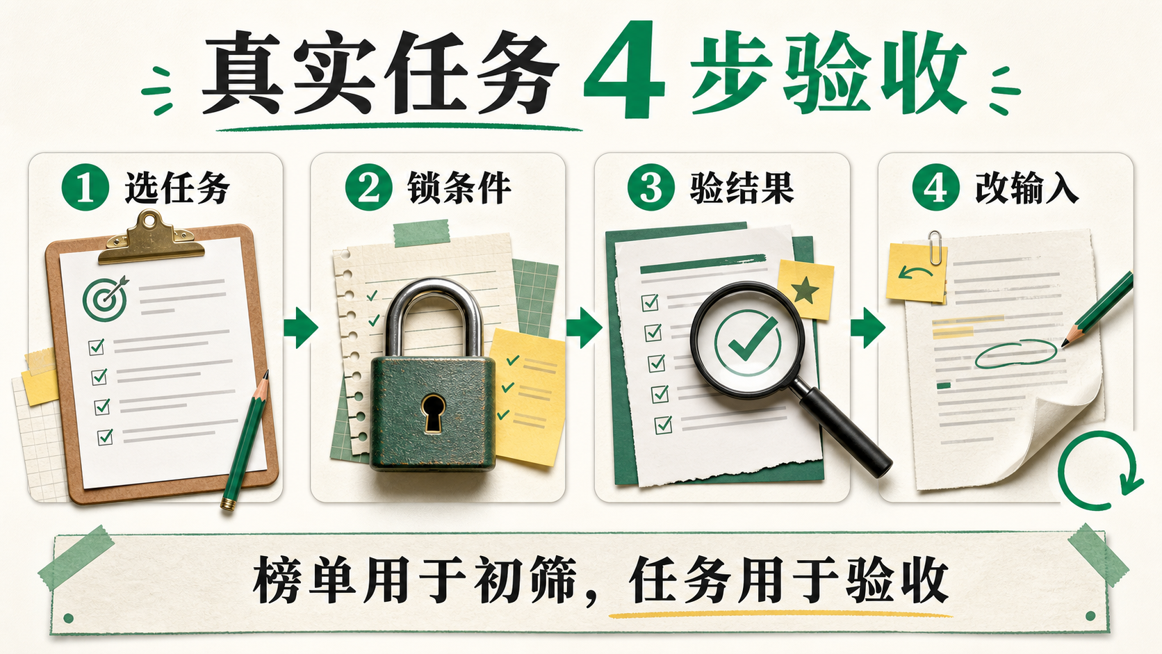 真实任务四步验收:选任务、锁条件、验结果、改输入
