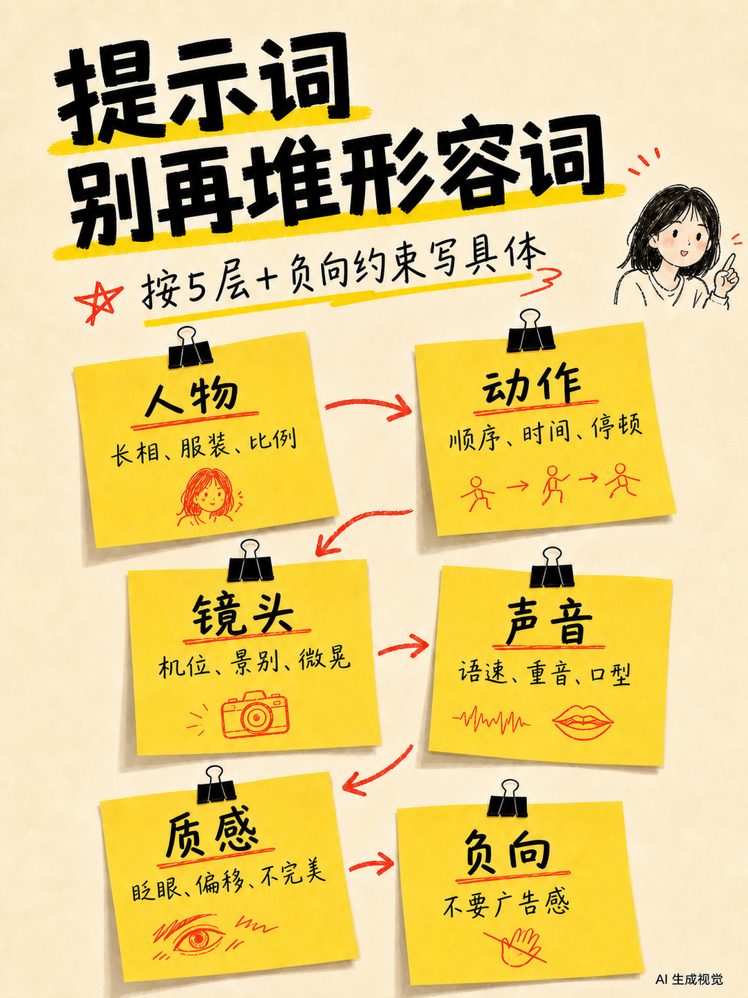 提示词别再堆形容词,要按人物、动作、镜头、声音和质感拆开写