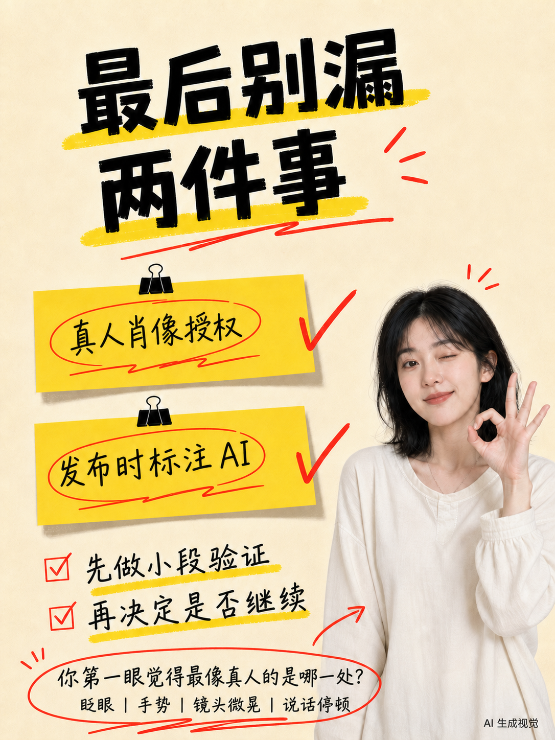发布前别漏两件事:真人肖像授权和 AI 内容标注
