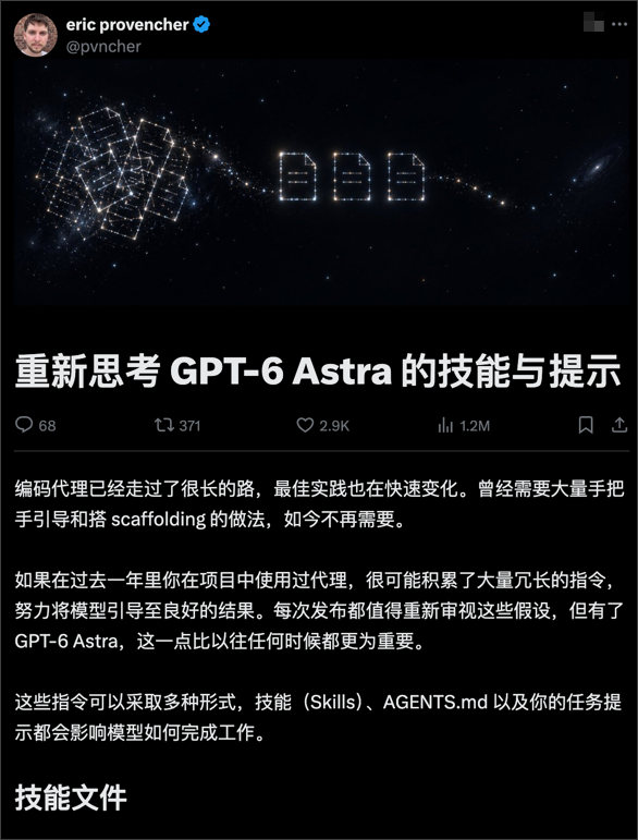 Eric Provencher 关于 GPT-6 Astra、Skills 与提示规则的文章