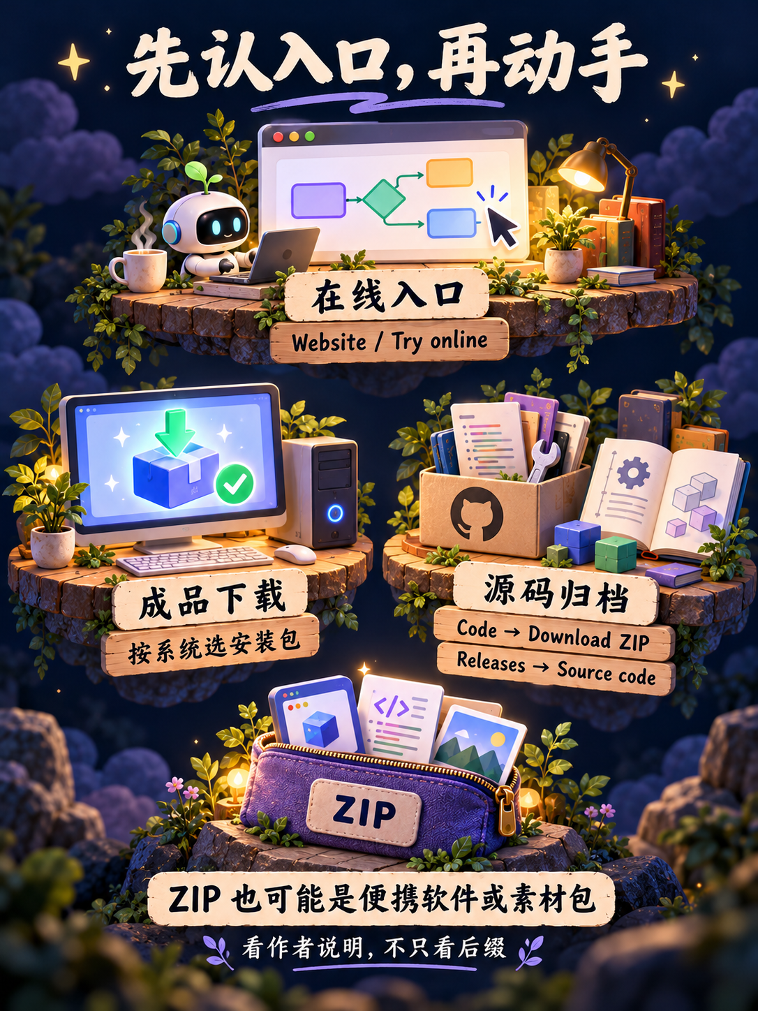 在线入口、成品下载和源码归档的区别；ZIP 也可能是作者提供的便携软件或素材包。