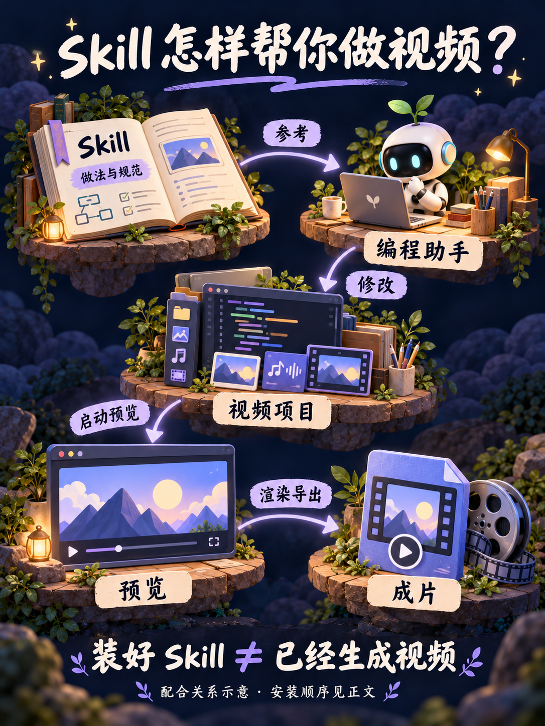 Remotion Skill 给助手提供做法，助手修改视频项目，启动预览并检查后，再渲染为可以播放的视频文件。