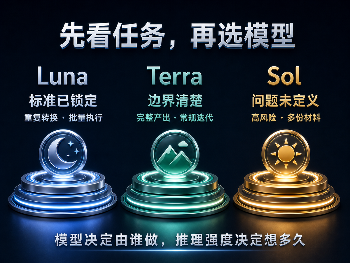 GPT-5.6 Luna、Terra、Sol 三模型任务选择图