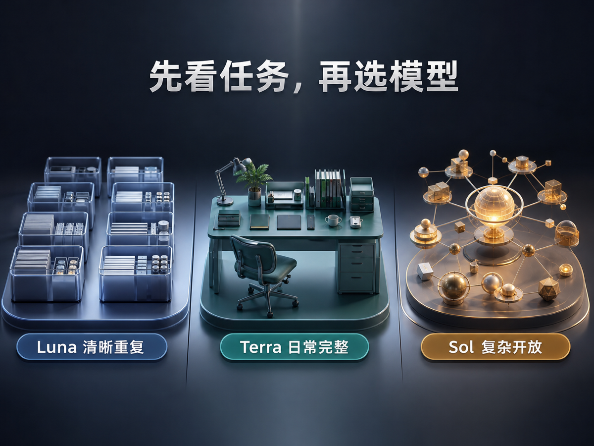 GPT-5.6 Luna、Terra、Sol 三模型任务决策图