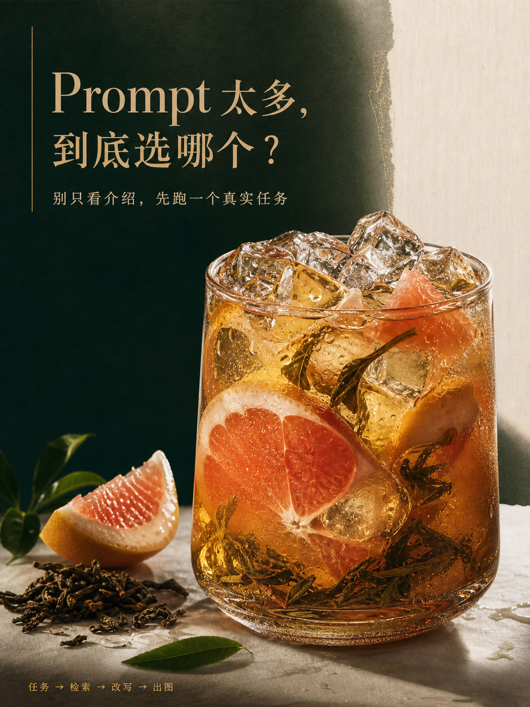 Prompt 选择真实任务的杂志编辑风茶饮封面